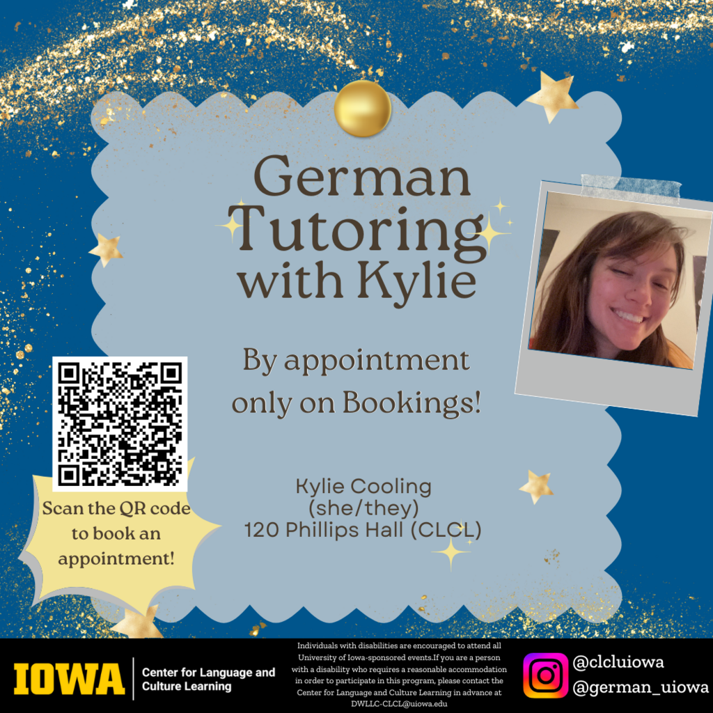 German Tutoring with Kylie (she/they) - by appointment only on bookings in 120 Phillips Hall (CLCL)
