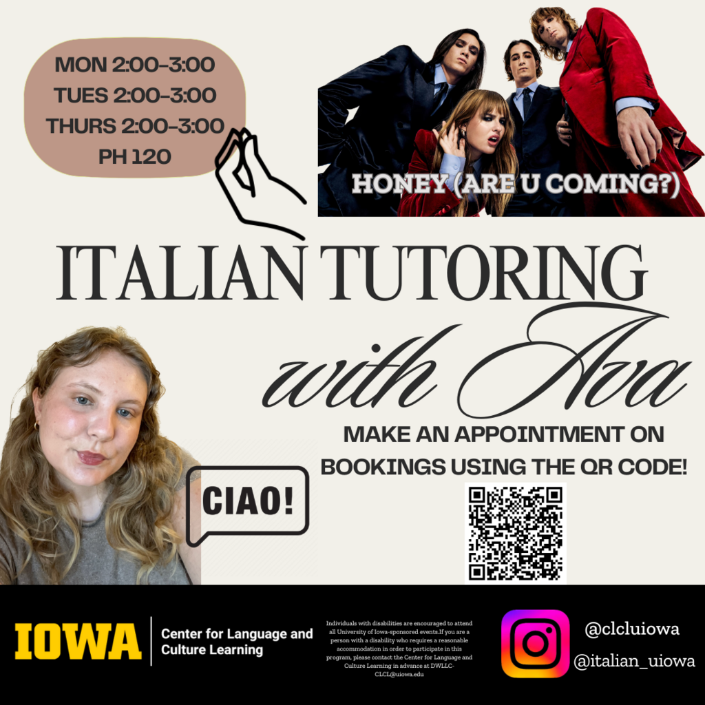 Italian Tutoring with Ava - Monday, Tuesday, and Thursday from 2:00 to 3:00 in PH 120 - Book an appointment on Bookings!
