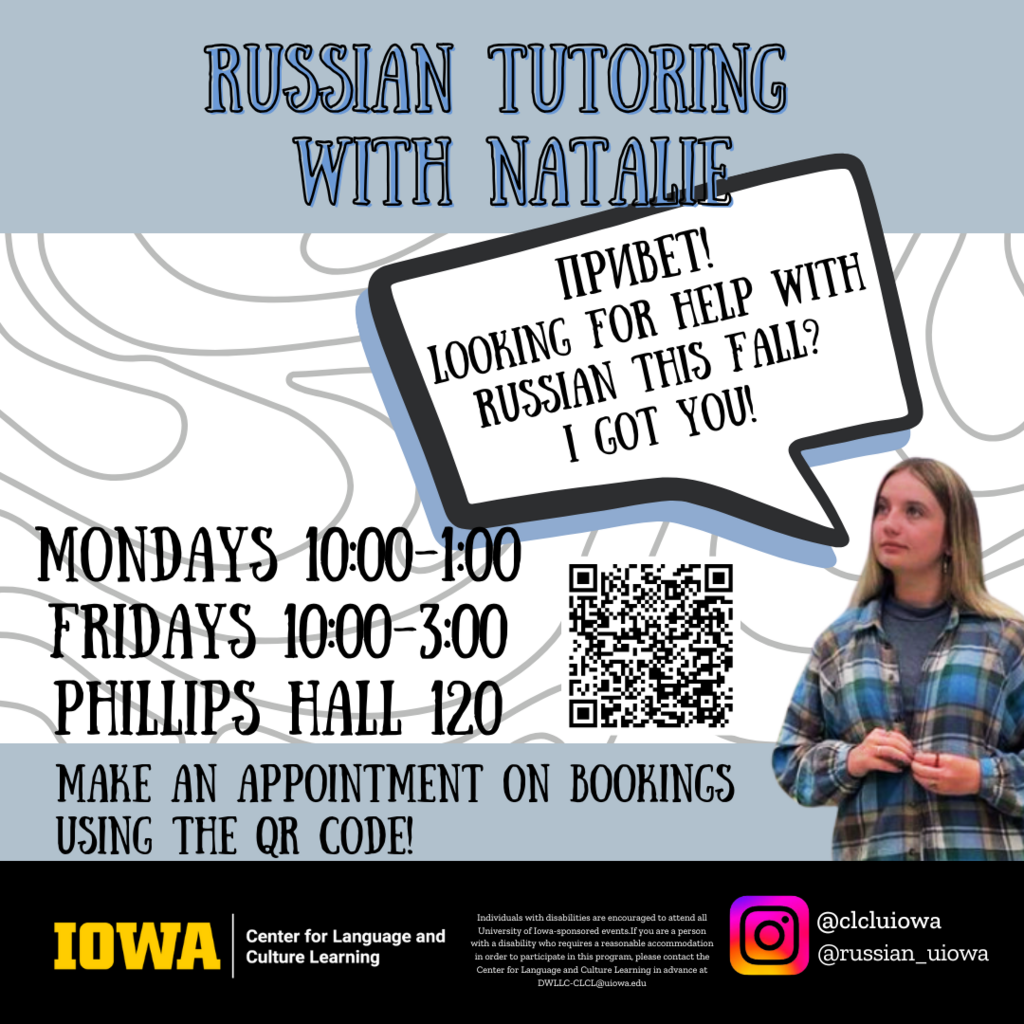 Russian Tutoring with Natalie - Mondays 10:00-1:00; Fridays 10:00-3:00 in PH 120 - Make an appointment on bookings!