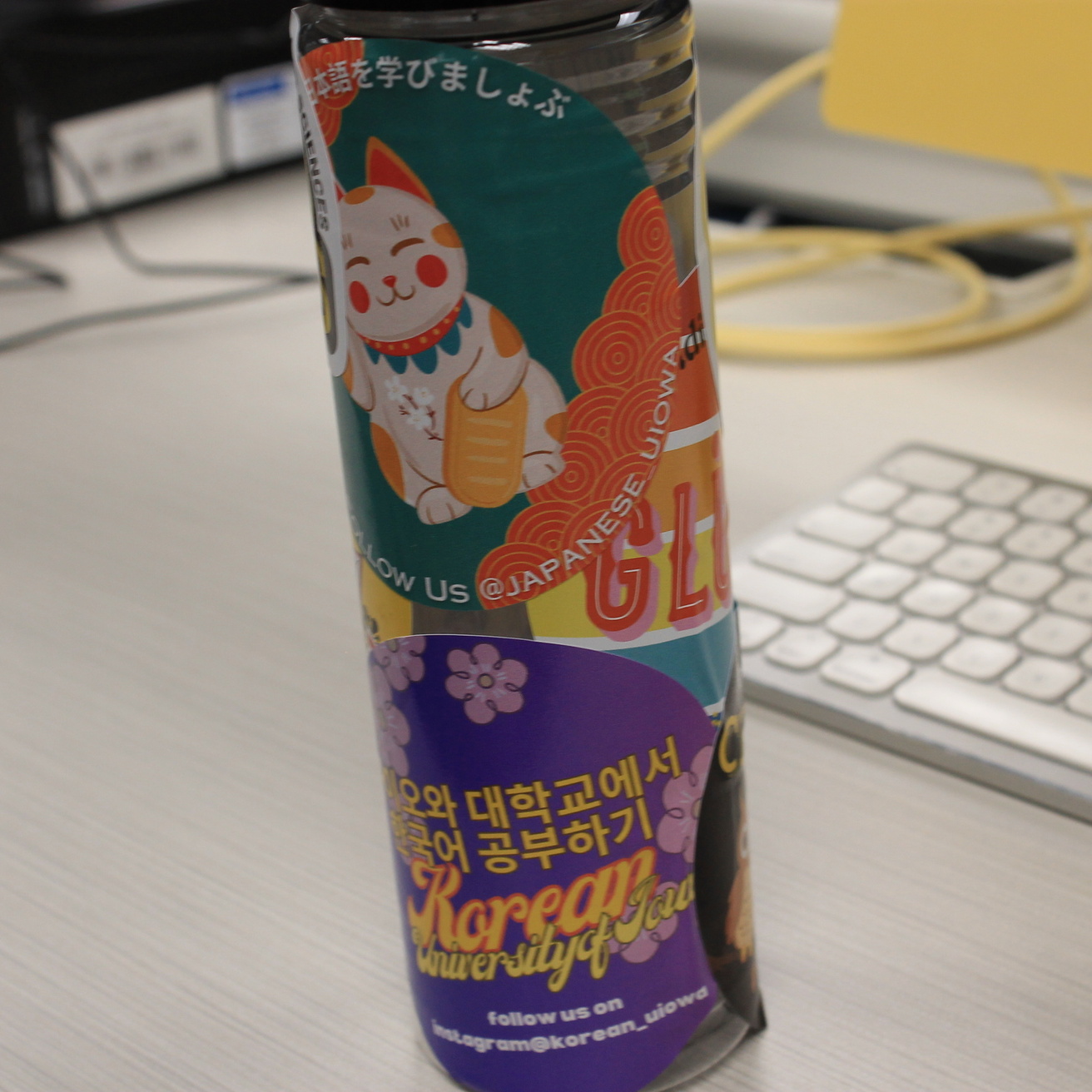 UI DWLLC water bottle with World Language Day themed stickers on it
