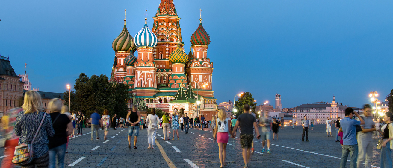 pedestrians in front of St. Basil's Cathedral